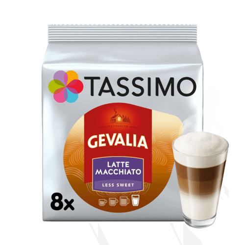 TASSIMO LATTE MACCHIATO LESS SWEET Latte Macchiato med mild sötma och fint skum. Innehåller 30% mindre socker än Latte Macchiato Original.
